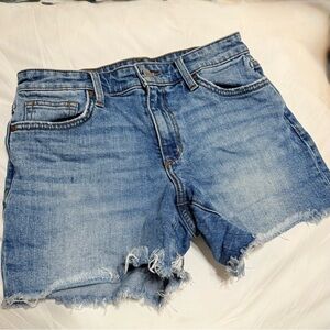 Blue Jean Shorts with Frayed Hem and Vintage Look